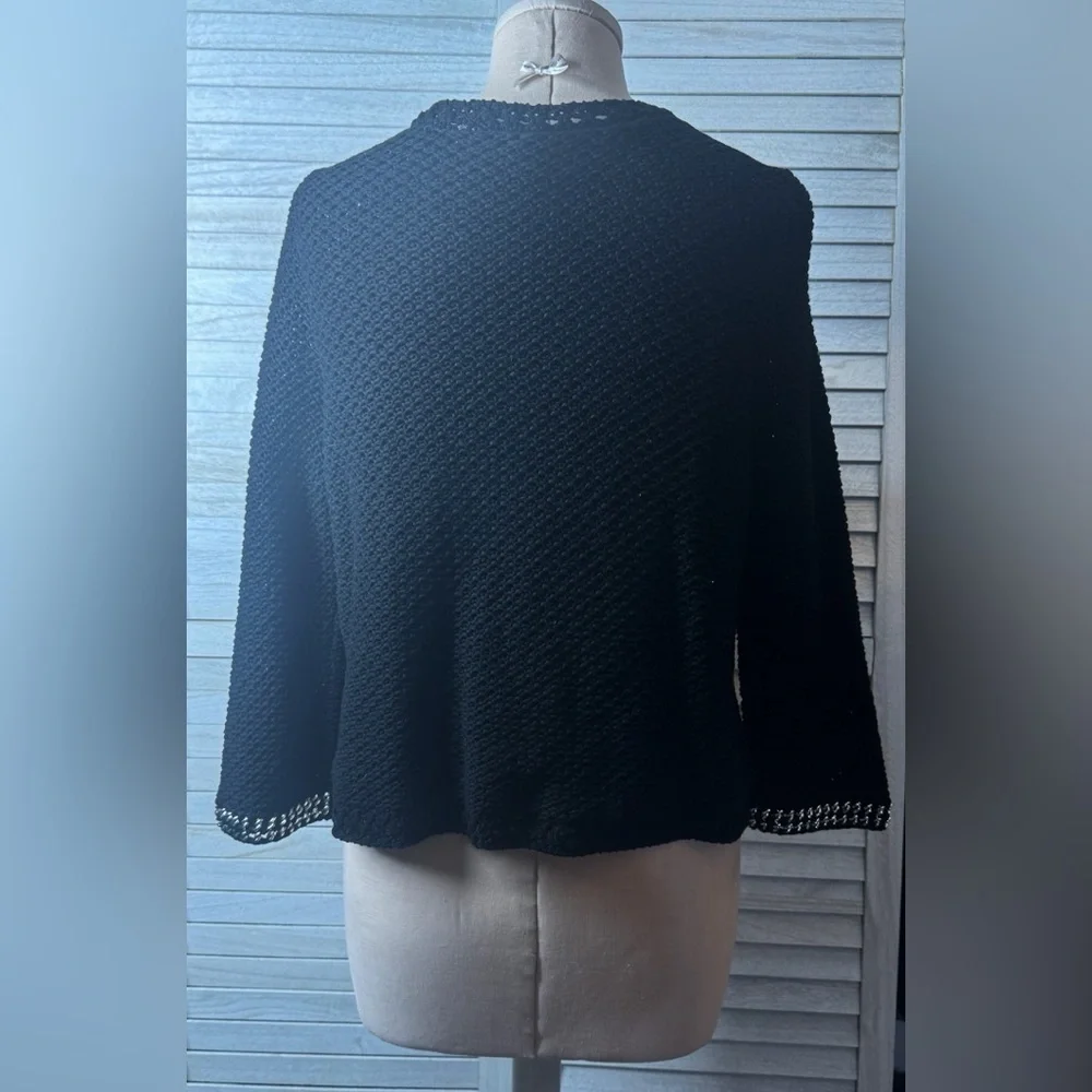 Chico’s Black Open Front Cardigan Silver Chain Detail Lightweight Boho Chic SM